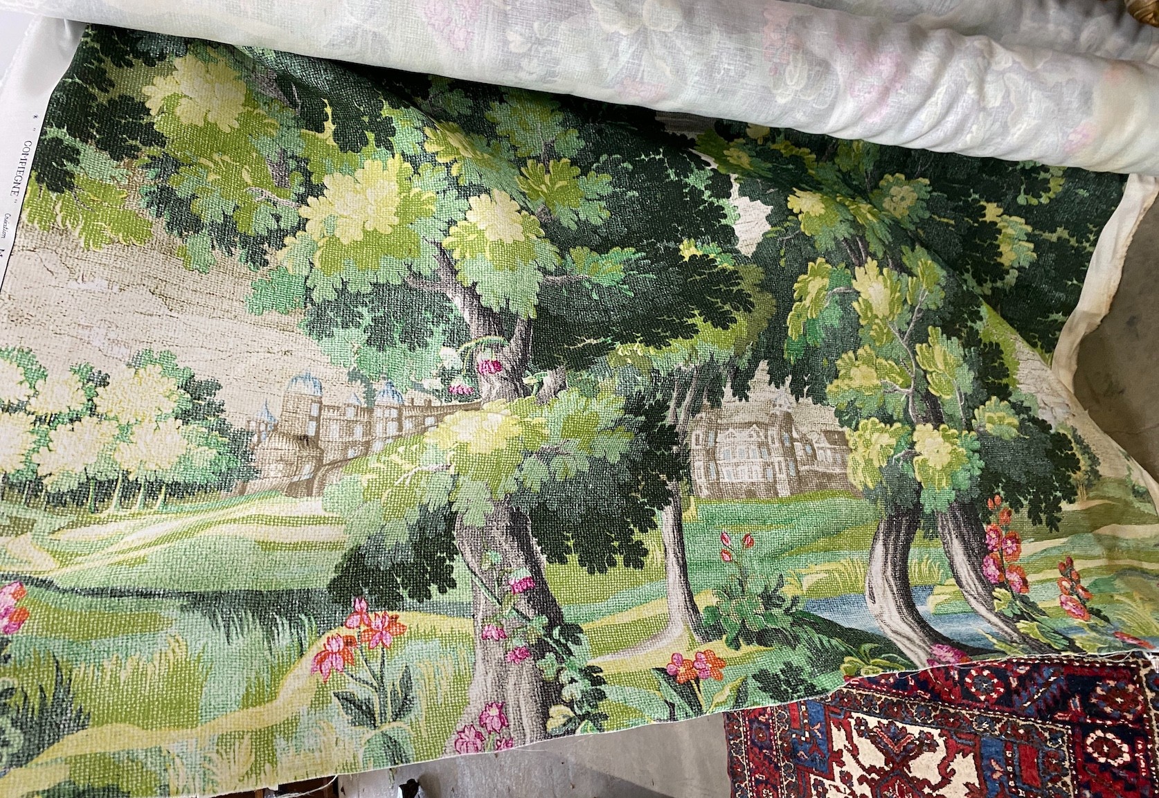 Two rolls of Fairfax & Fowler fabric, each roll 2100cms width 150cm, Design Compeigne, Colour Foret, Designed Manuel Canovas